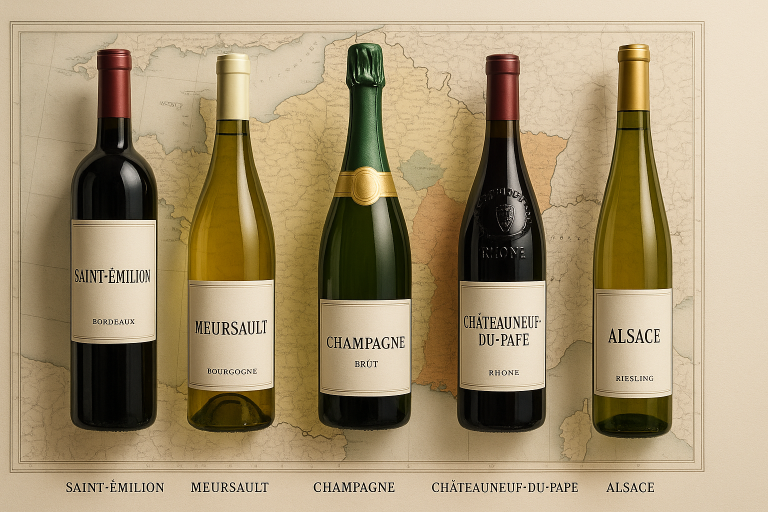 Ảnh chụp 5 chai rượu vang Pháp từ các vùng Bordeaux, Bourgogne, Champagne, Rhône, Alsace – đặt trên bản đồ nước Pháp cổ – nhãn chai hiển thị rõ vùng sản xuất.