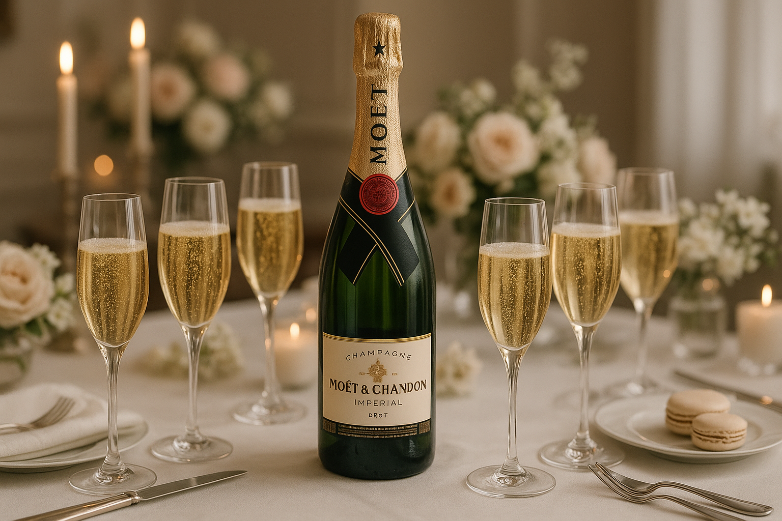 Chai Champagne Moët & Chandon Brut đặt giữa bàn tiệc sang trọng với ly flute sủi tăm, ánh nến, hoa tươi và khăn trải bàn trắng – phong cách Pháp đẳng cấp.