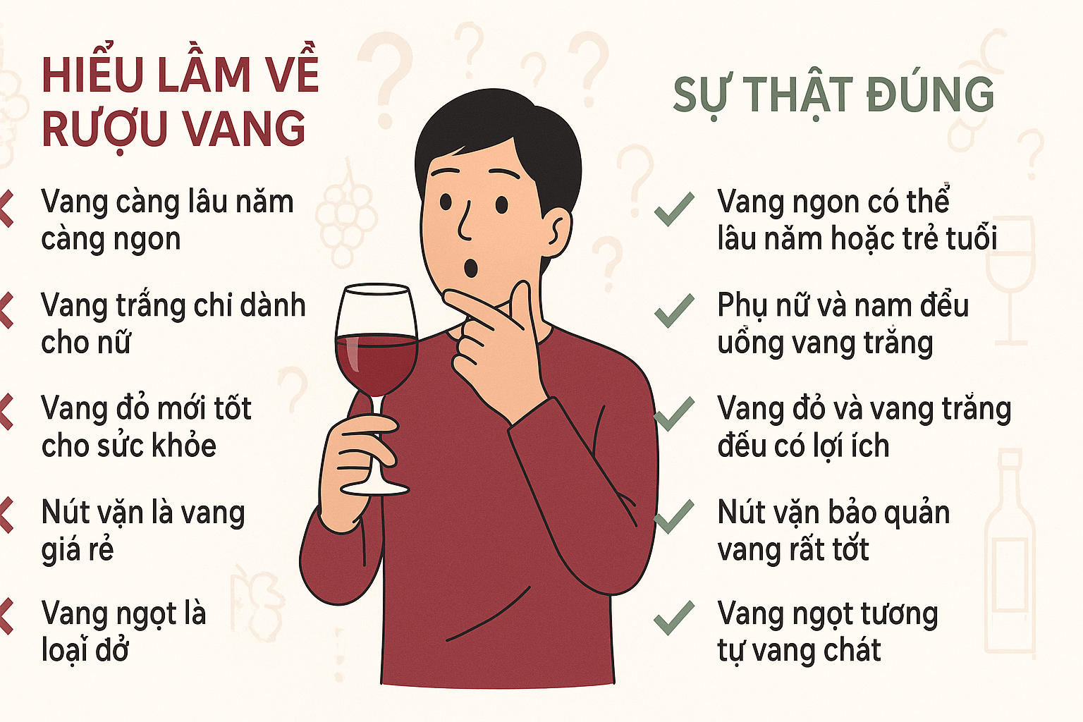 Infographic người Việt suy nghĩ về 5 hiểu lầm phổ biến về rượu vang và 5 sự thật đi kèm, hình ảnh hiện đại, dễ hiểu, phù hợp người mới bắt đầu.