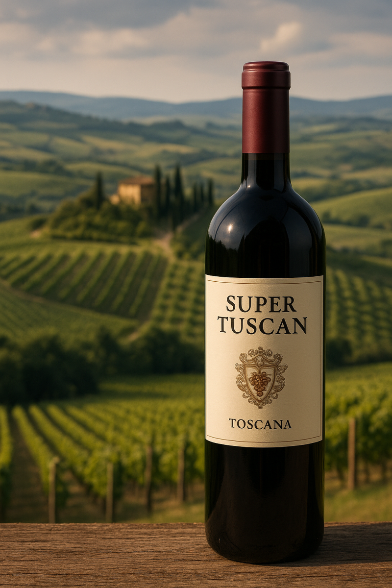 Chai rượu vang Super Tuscan danh tiếng từ vùng Tuscany, Ý. Caption: Một chai Super Tuscan - biểu tượng của sự đổi mới và chất lượng vượt trội.