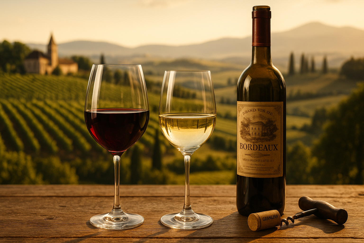 Rượu vang đỏ và trắng nhập khẩu trong ly pha lê trên bàn gỗ, phông nền vườn nho Bordeaux, Tuscany và Chile.