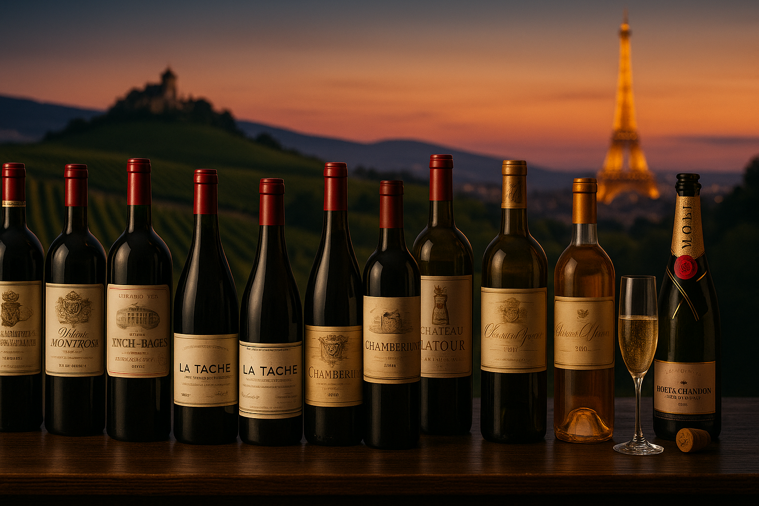 10 chai rượu vang Pháp nổi tiếng đặt trên bàn gỗ, nền là vườn nho Bordeaux và tháp Eiffel.