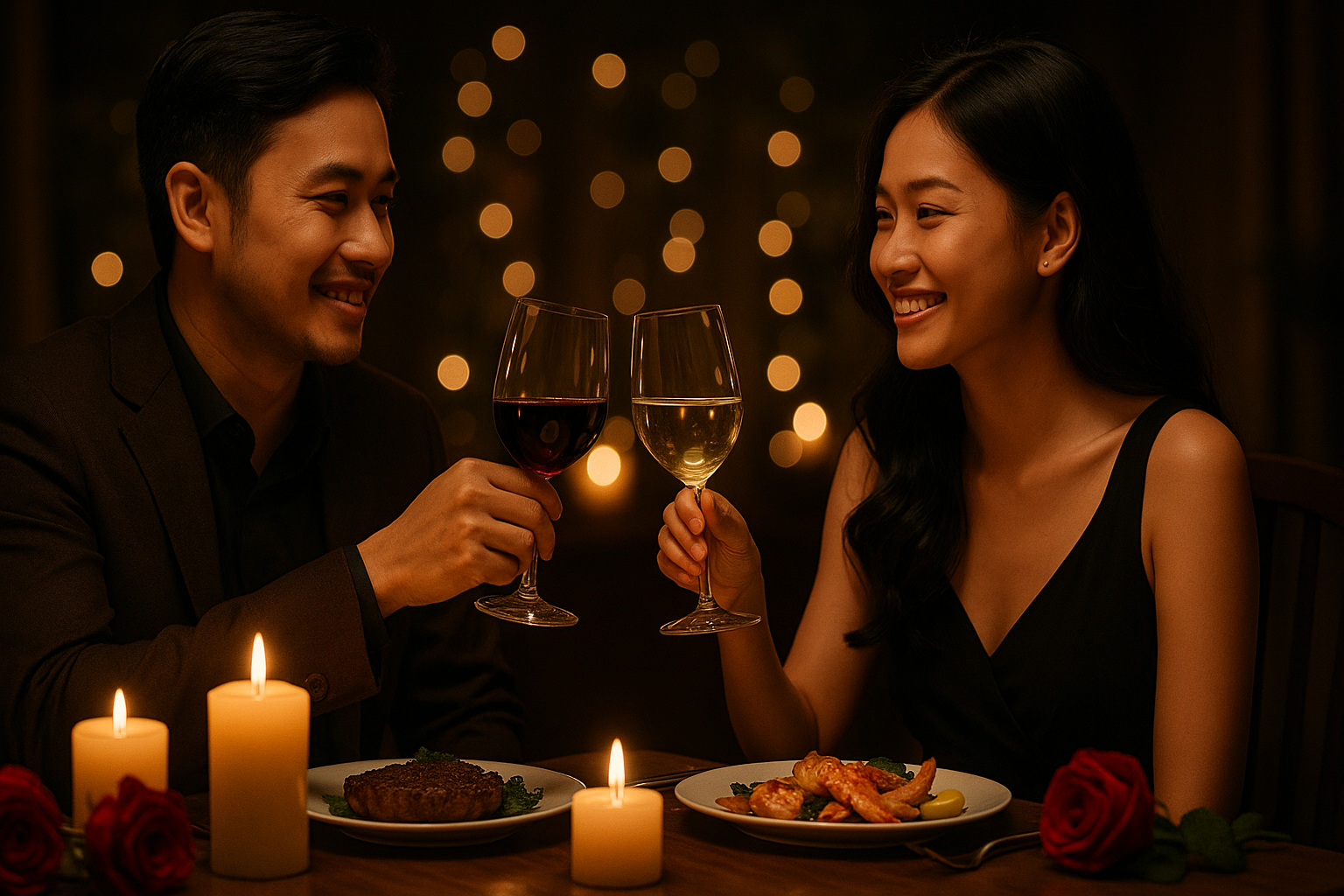 Cặp đôi người Việt thưởng thức bữa tối lãng mạn với rượu vang đỏ và trắng dưới ánh nến sang trọng.