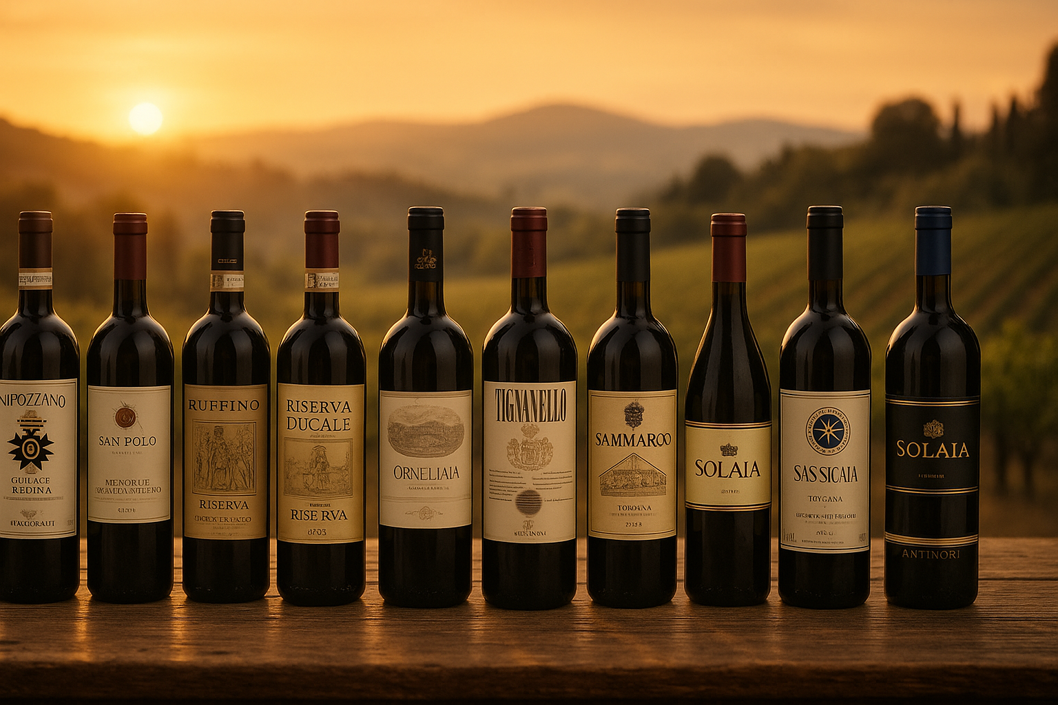 10 chai rượu vang Ý nổi tiếng trên bàn gỗ, nền là vườn nho Tuscany lúc hoàng hôn – phong cách sang trọng, nhập khẩu chính hãng.