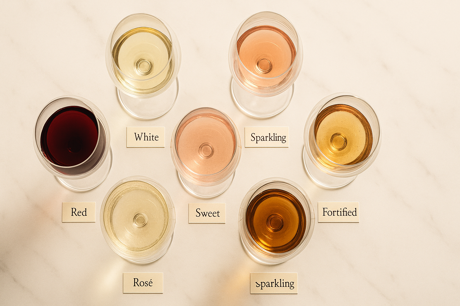 Ảnh flatlay 6 ly rượu vang với màu sắc và nhãn phân loại: Red, White, Rosé, Sparkling, Sweet, Fortified – trên nền đá marble trắng.