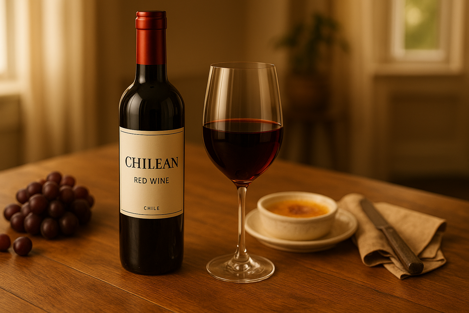 Chai rượu vang đỏ Chile trên bàn gỗ mộc mạc, bên ly vang và đĩa phô mai – ánh sáng tự nhiên, phong cách sang trọng vừa túi tiền.