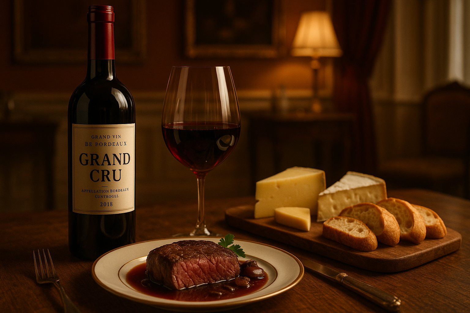 Chai vang đỏ Bordeaux Grand Cru đặt trên bàn gỗ sang trọng, bên cạnh ly rượu, steak bò Pháp và khay phô mai – ánh sáng ấm áp, không gian fine dining tinh tế.