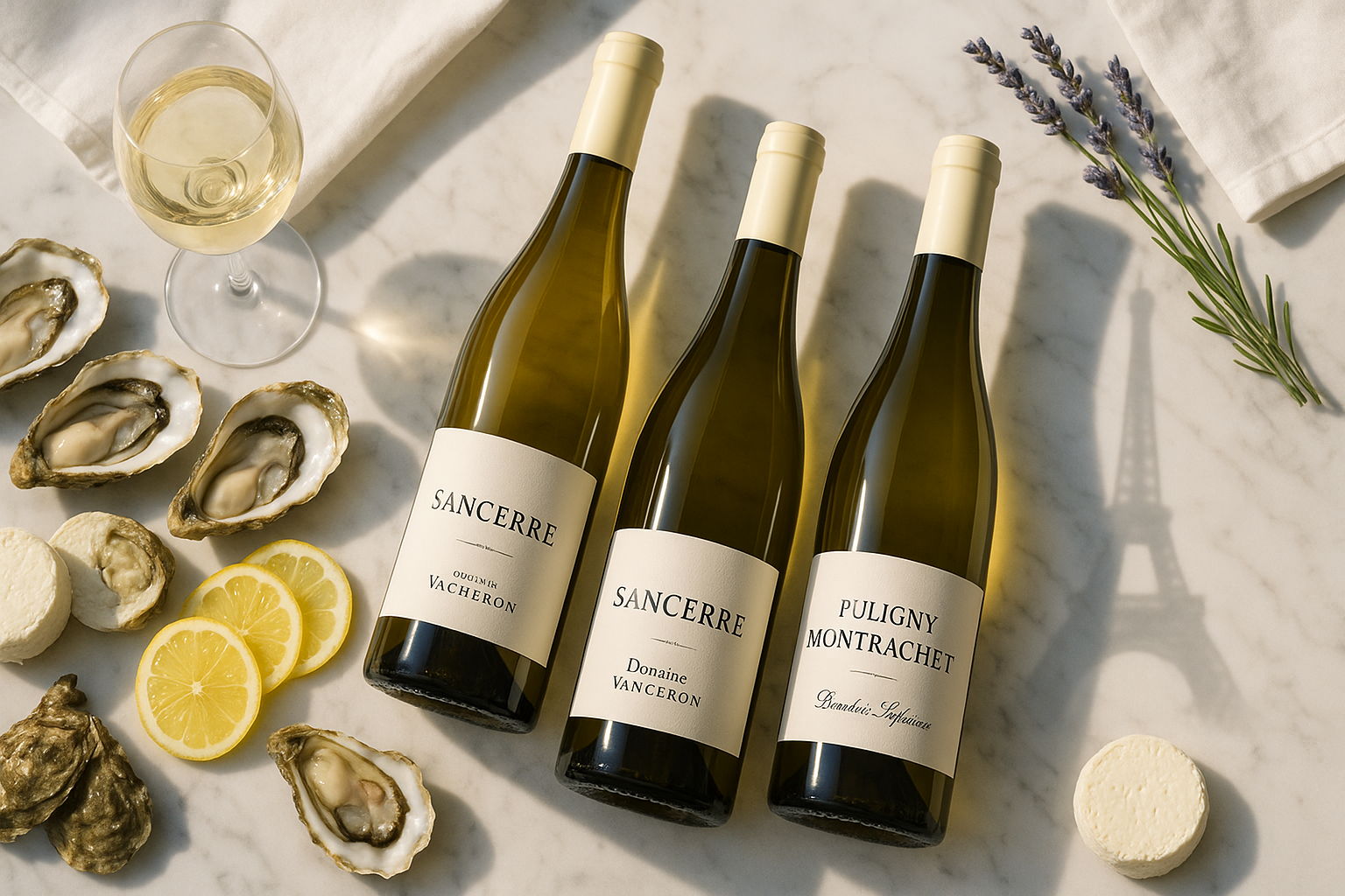 Ba chai rượu vang trắng Pháp cao cấp Chablis, Sancerre và Puligny-Montrachet đặt trên bàn đá marble, bên cạnh ly vang trắng, hàu tươi và phô mai dê – ánh sáng tự nhiên, phong cách tinh tế kiểu Pháp.