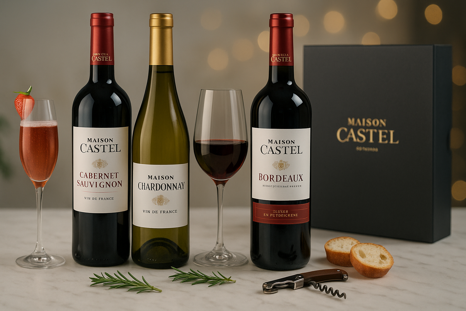 Ba chai rượu vang Maison Castel gồm Cabernet Sauvignon, Chardonnay và Bordeaux AOC đặt trên bàn đá marble, kèm ly rượu, hộp quà và phụ kiện – ánh sáng chuyên nghiệp, phong cách Pháp sang trọng.
