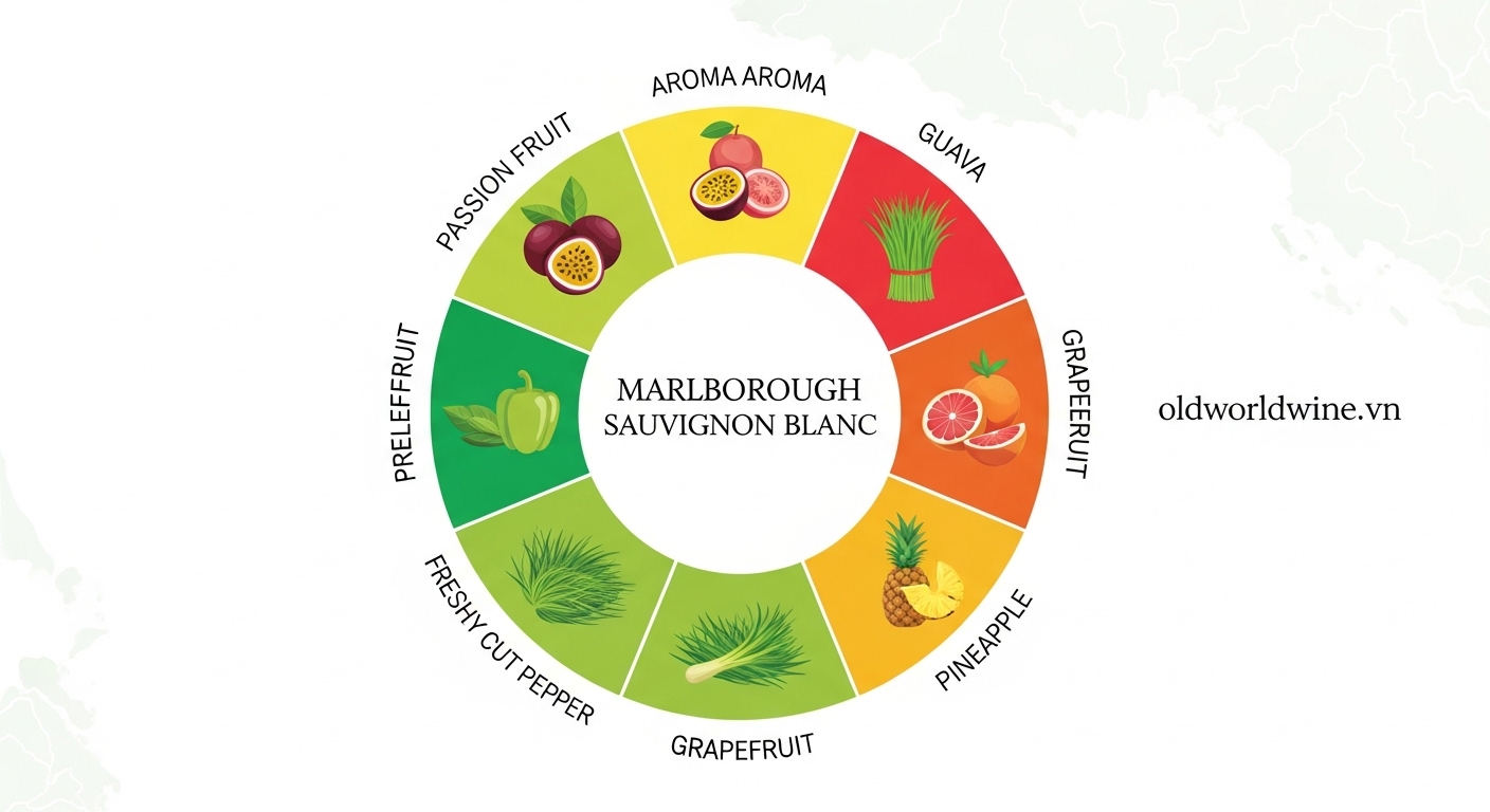 Infographic hình tròn (flavor wheel) thể hiện các nốt hương đặc trưng của Marlborough Sauvignon Blanc, bao gồm chanh dây, ổi, bưởi, dứa, cỏ mới cắt, và ớt chuông xanh.