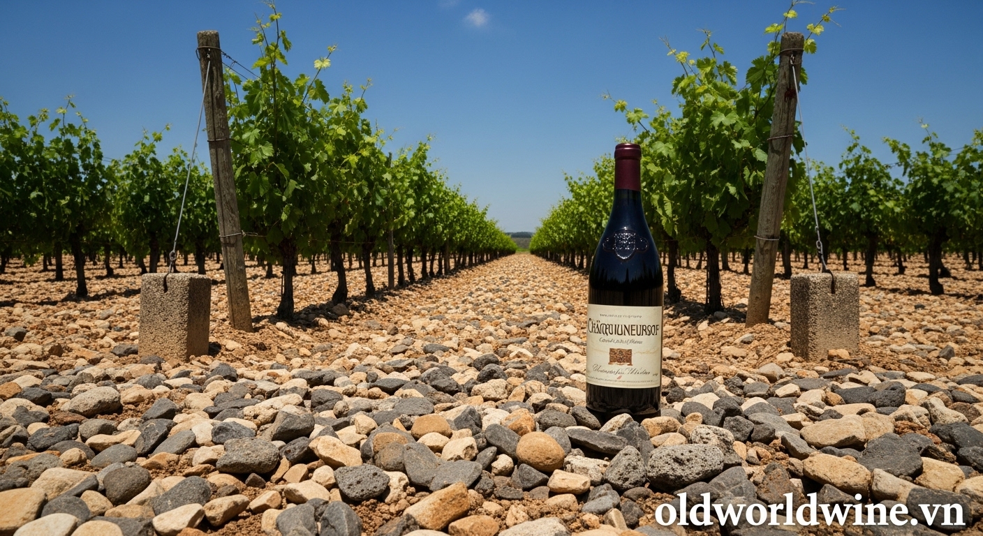 Image of Grenache vines with galets roulés stones and a vintage bottle of Châteauneuf-du-Pape. Blue sky and elegant vineyard ambiance.