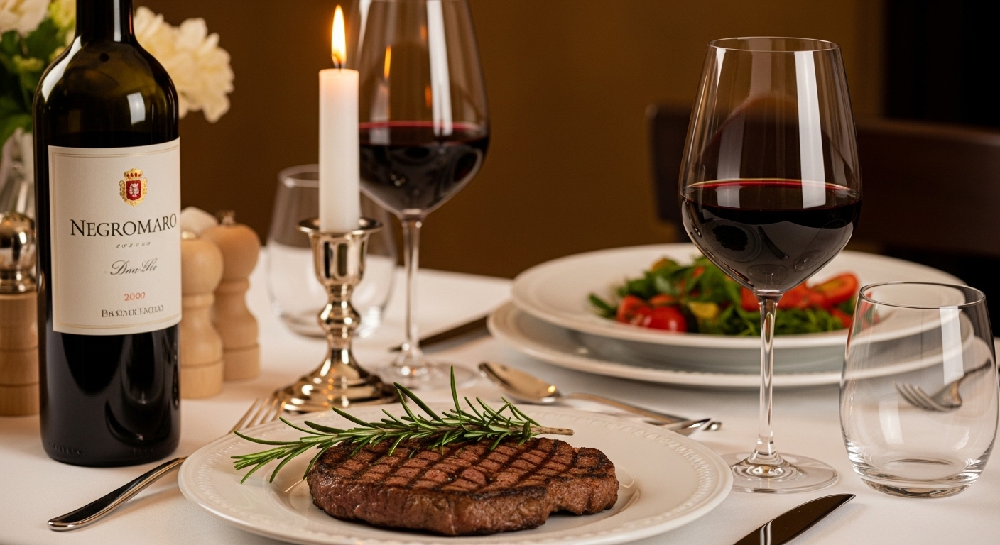 Món bò nướng kết hợp với rượu vang Negroamaro trên bàn ăn sang trọng, ánh nến ấm áp.