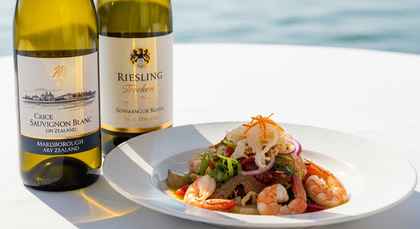 Gỏi Sứa Tôm Thịt: Một chai Sauvignon Blanc từ Marlborough hoặc một chai Riesling khô (Trocken) của Đức sẽ làm nổi bật sự tươi mát của món gỏi.