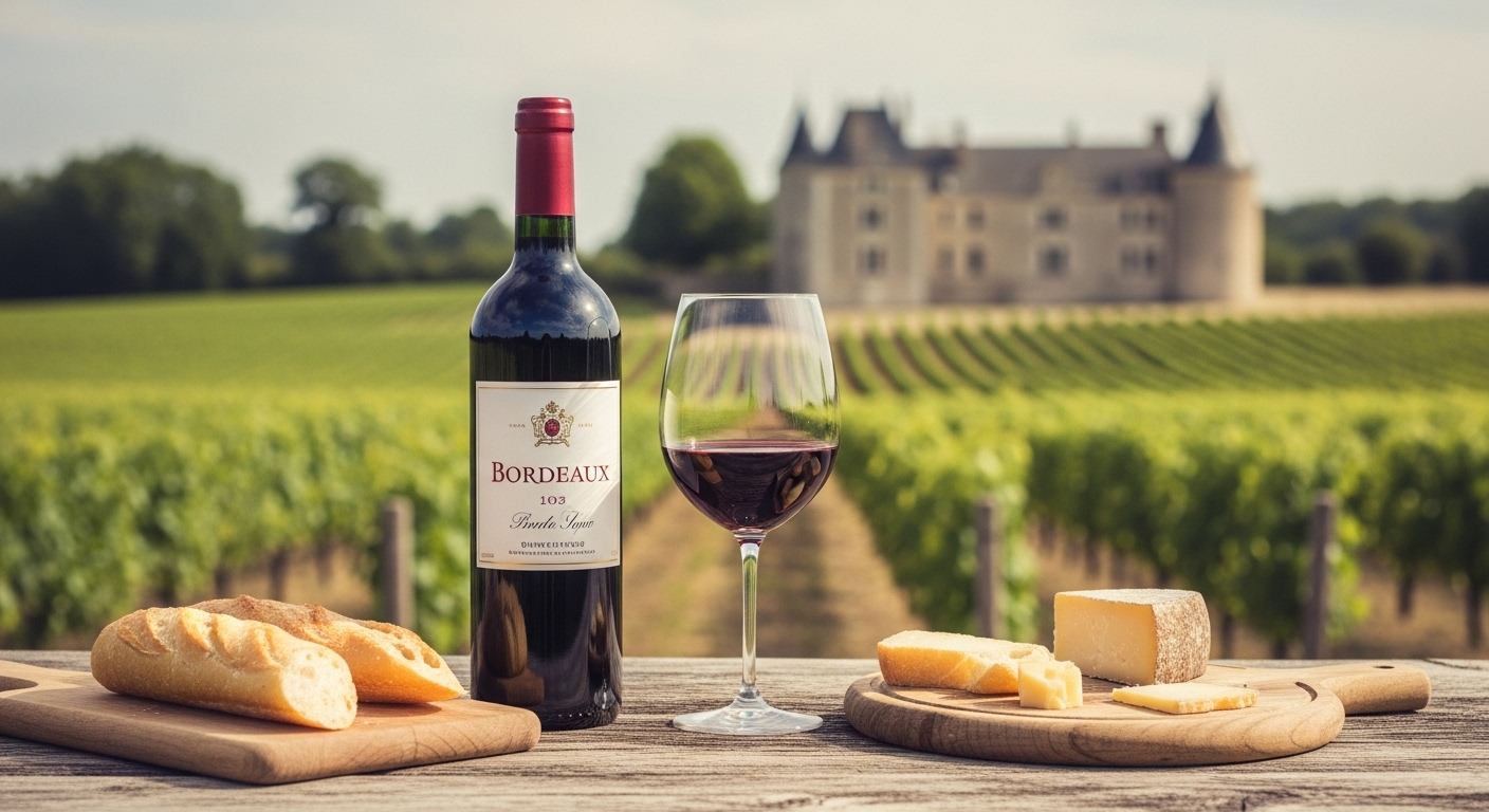 Cảnh thưởng thức rượu vang Pháp với chai Bordeaux, ly rượu đỏ, phô mai và bánh mì Pháp trên bàn gỗ mộc.