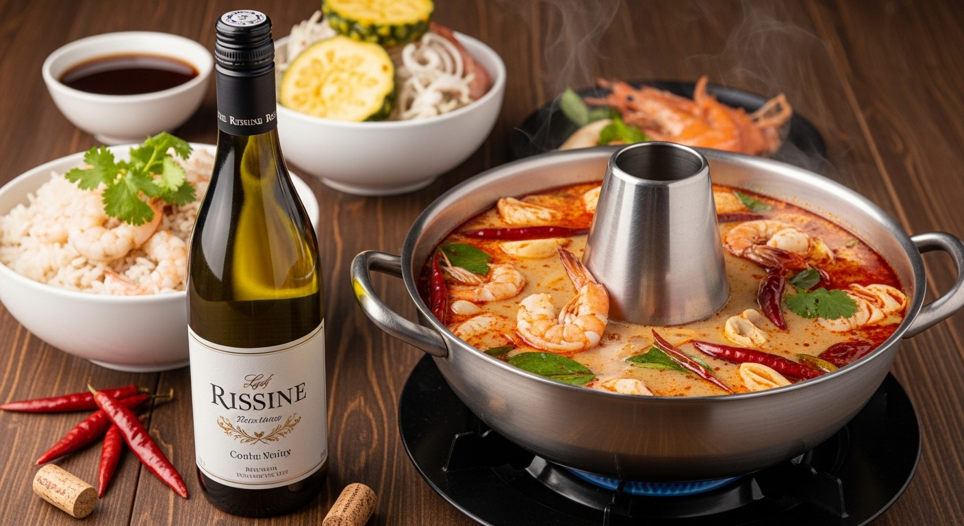 Lẩu Hải Sản Thái (Tom Yum): Vị cay nồng đặc trưng của lẩu Tom Yum sẽ được làm dịu và tôn lên bởi một chai Riesling hơi ngọt (off-dry) hoặc một chai Sauvignon Blanc có hương trái cây nhiệt đới rõ rệt.