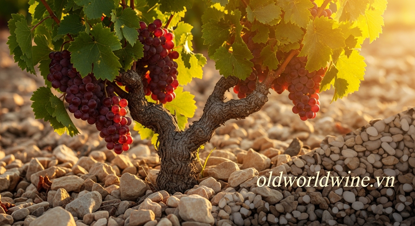 Close-up of Grenache Noir bush vines growing in galets roulés stones under golden sunlight. Red, sun-kissed grapes on bushy vines. Warm color palette.