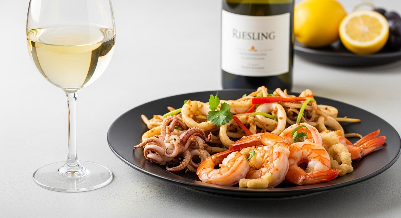 Đừng để định kiến "Riesling là vang ngọt" đánh lừa bạn. Riesling có nhiều cấp độ ngọt khác nhau, từ khô (Trocken) đến ngọt (Spatlese). Với độ acid cao tự nhiên và hương thơm của chanh, táo xanh, mật ong và đôi khi là mùi khoáng chất (xăng dầu), Riesling có khả năng kết hợp tuyệt vời với các món hải sản châu Á có vị cay và ngọt. Xuất xứ nổi bật: Mosel, Rheingau (Đức), Alsace (Pháp), Clare Valley (Úc). Cặp đôi lý tưởng: Tôm sốt Thái, mực xào sa tế, cá diêu hồng chiên giòn sốt chua ngọt. Vị ngọt nhẹ trong vang sẽ làm dịu đi vị cay, trong khi độ acid cao giúp cân bằng tổng thể.
