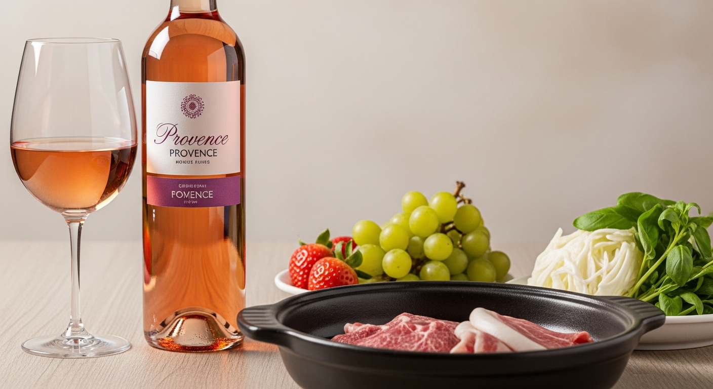 một chai Rosé từ vùng Provence của Pháp. Chúng thường có màu hồng cá hồi nhạt, khô, với hương thơm tinh tế của dâu tây, dưa hấu và thảo mộc. Nó đủ nhẹ nhàng để không xung đột với vị cay nhưng cũng đủ đậm đà để kết hợp với các loại thịt trong lẩu.