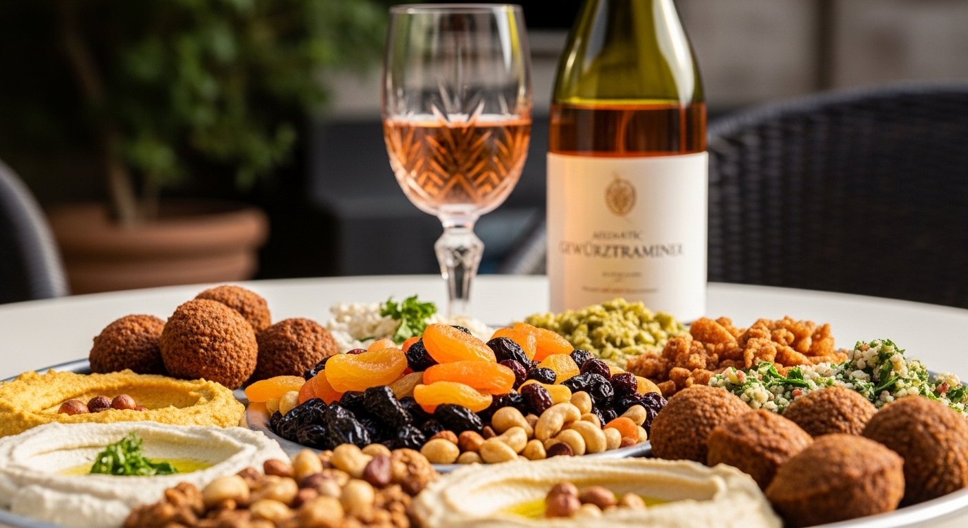 Gewürztraminer搭配中东美食拼盘 (Vietnamese: Gewürztraminer kết hợp với món khai vị Trung Đông)