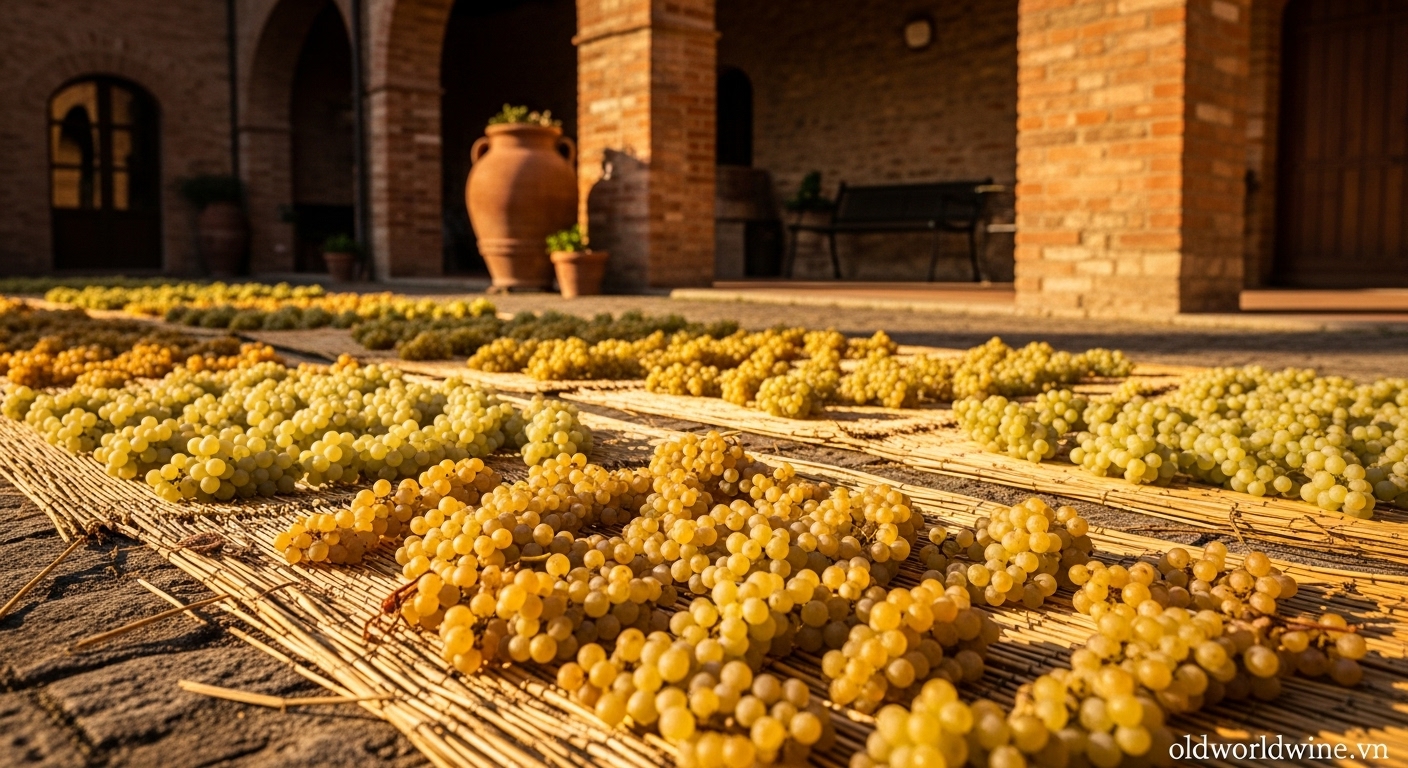 "A sun-drenched Tuscan courtyard with rows of white Trebbiano and golden Malvasia grapes drying on straw mats (passito method). Rustic terra-cotta walls in the background, golden sunlight casts soft shadows. Include elegant watermark 'oldworldwine.vn' at the bottom right, semi-transparent."