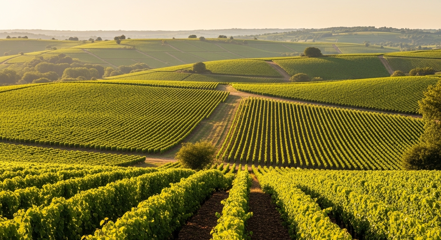 Một phong cảnh ngoạn mục, siêu thực về những ngọn đồi thoai thoải của Beaujolais, Pháp, vào giờ vàng. Những hàng nho Gamay tươi tốt trải dài trên đồi, có thể thấy những mảng đất đá granit. Ánh nắng ấm áp cuối chiều tạo ra những bóng đổ mềm mại, tạo nên một không khí thanh bình và cao cấp. Hình ảnh phải có cảm giác như ảnh bìa cho một tạp chí rượu vang hoặc du lịch hạng sang.