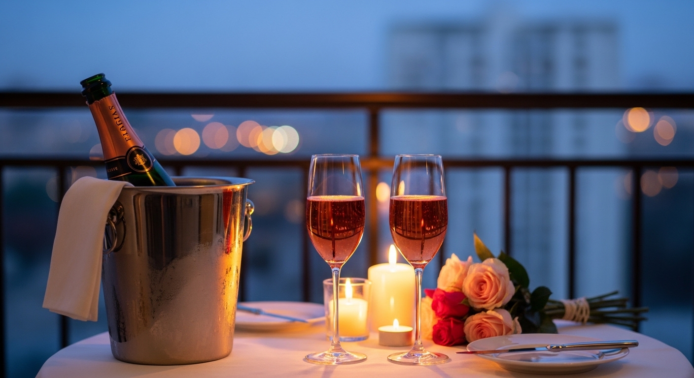 Đây là một khung cảnh lãng mạn kinh điển: Champagne hồng, nến, hoa và một không gian riêng tư, hoàn hảo để minh họa cho món quà tình yêu.