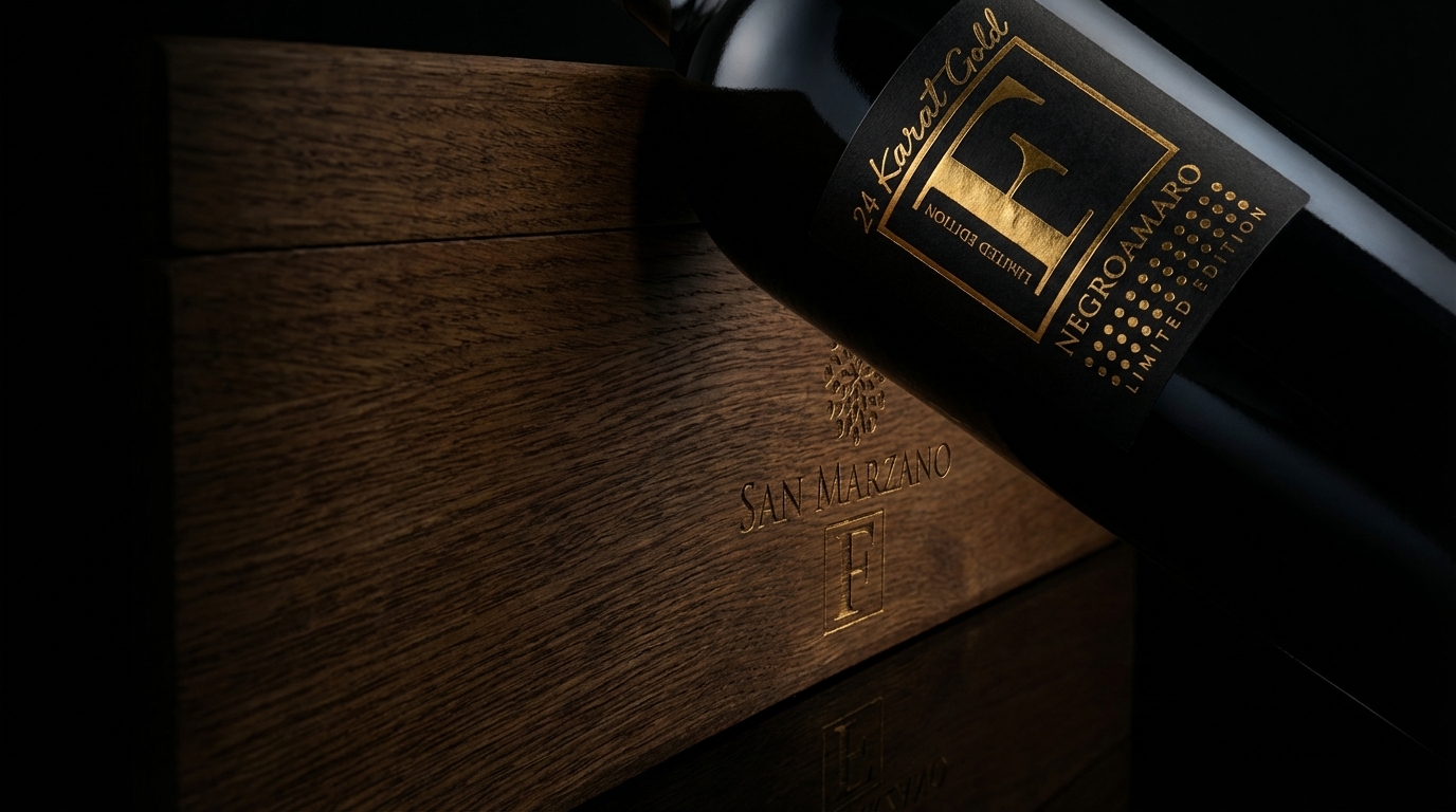 [Cinematic Dark Mode] Cận cảnh nhãn mạ vàng 24K chai rượu vang F Gold đặt tĩnh lặng trên hộp gỗ sồi nguyên khối khắc logo ép kim của tập đoàn