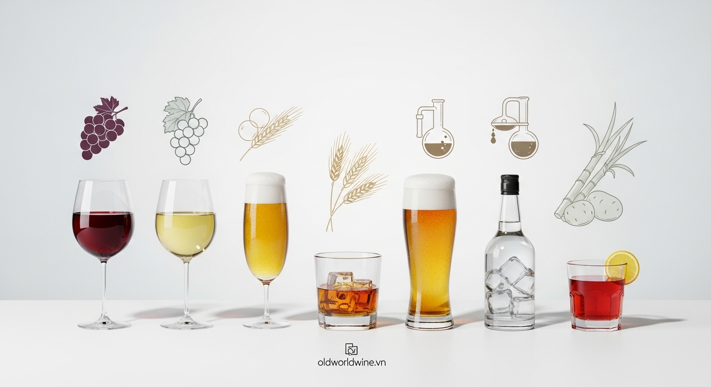 "Flat lay of various alcoholic beverages with symbolic ingredients and clean minimalist design – educational visual for fermentation and alcohol types."