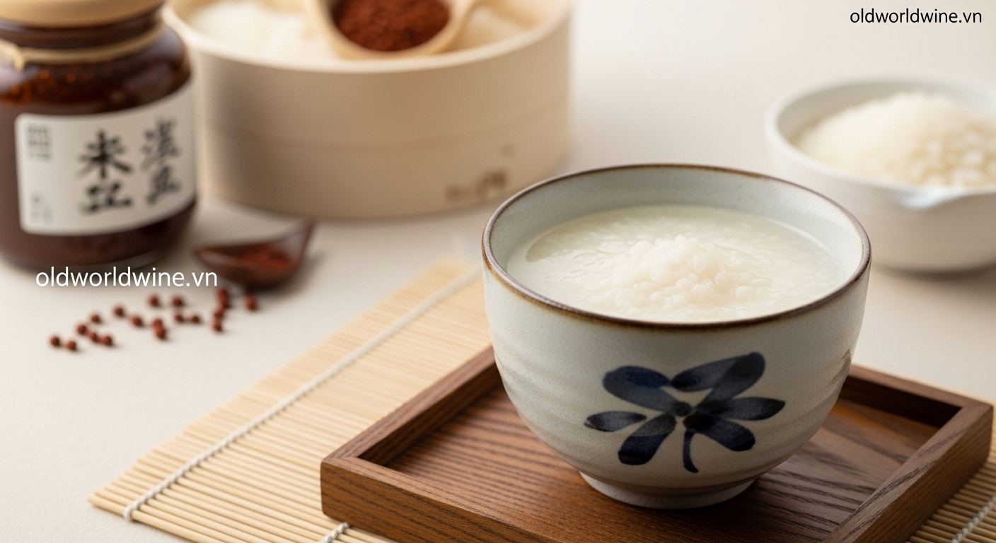 Ly Amazake trắng ngà truyền thống Nhật Bản trên khay gỗ, gợi cảm giác thanh khiết và bổ dưỡng từ gạo lên men tự nhiên.