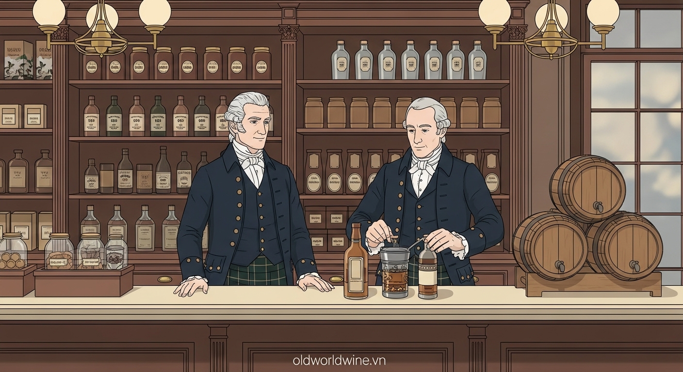 Hình minh họa hai anh em Chivas trong cửa hàng cao cấp tại Scotland thế kỷ 19 – bối cảnh lịch sử khai sinh thương hiệu Chivas Regal, với hình ảnh pha trộn whisky thủ công và không khí sang trọng của giới quý tộc.