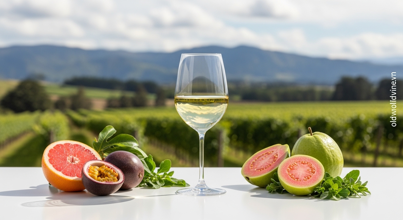 Ảnh thực tế Marlborough Sauvignon Blanc New Zealand – ly vang trắng tinh khiết với vườn nho và trái cây tươi nhiệt đới