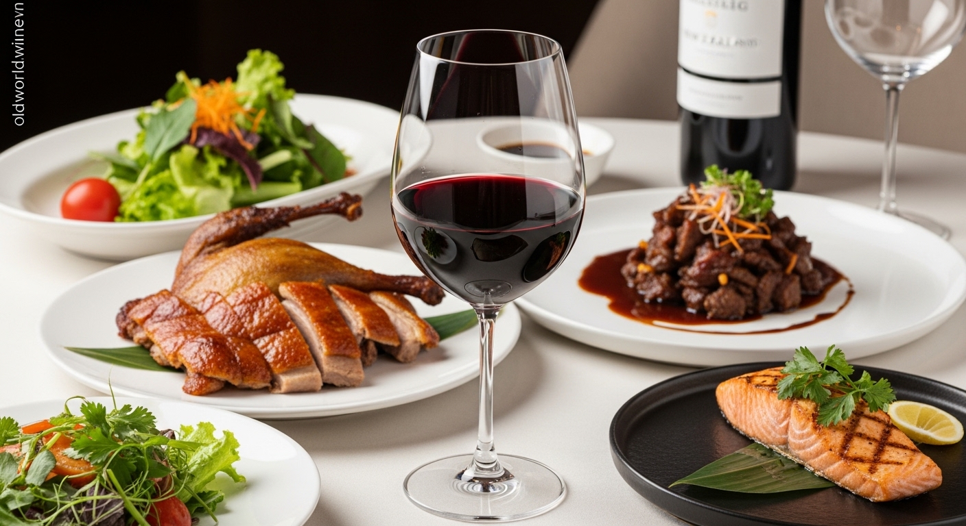 Ảnh thực tế kết hợp Pinot Noir New Zealand với ẩm thực Việt – vịt quay Lạng Sơn, bò lúc lắc, cá hồi nướng
