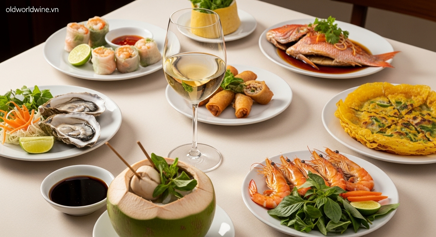 Ảnh thực tế Sauvignon Blanc Marlborough kết hợp ẩm thực Việt – hàu tươi, gỏi cuốn, cá hấp, chả cá, bánh xèo