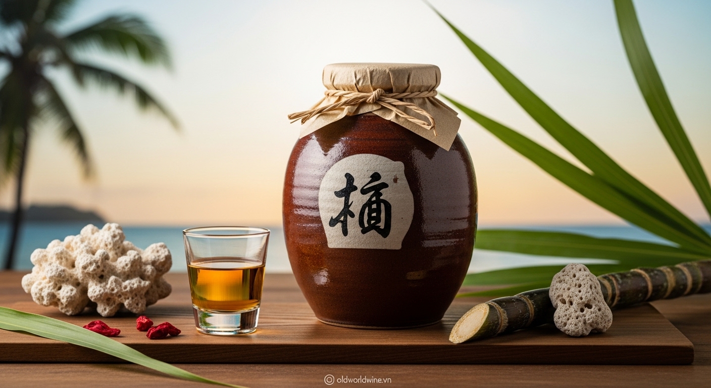 Hình ảnh chum đất sét và ly Awamori màu hổ phách, đại diện cho rượu truyền thống Okinawa và hương vị biển đảo Nhật Bản.