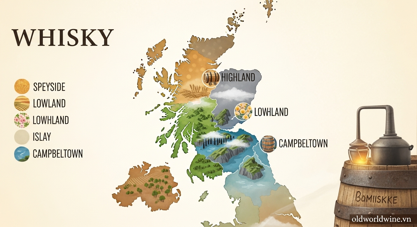 Bản đồ 5 vùng sản xuất Scotch Whisky tại Scotland với phong cách và terroir riêng biệt
