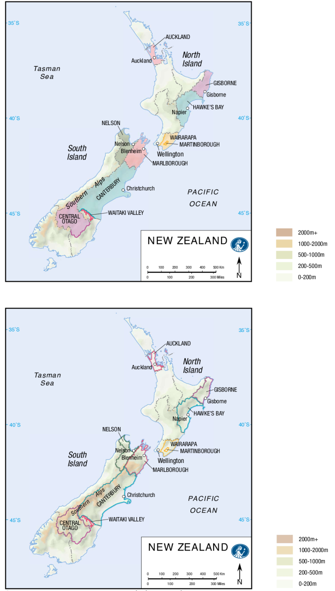 Bản đồ infographic rượu vang New Zealand với các vùng nổi tiếng Marlborough, Central Otago, Hawke’s Bay, Gisborne và Martinborough