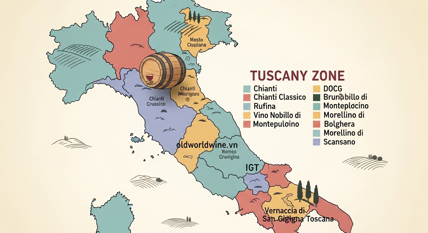 Bản đồ hệ thống phân loại rượu vang Tuscany gồm DOCG, DOC và IGT – minh họa từ oldworldwine.vn