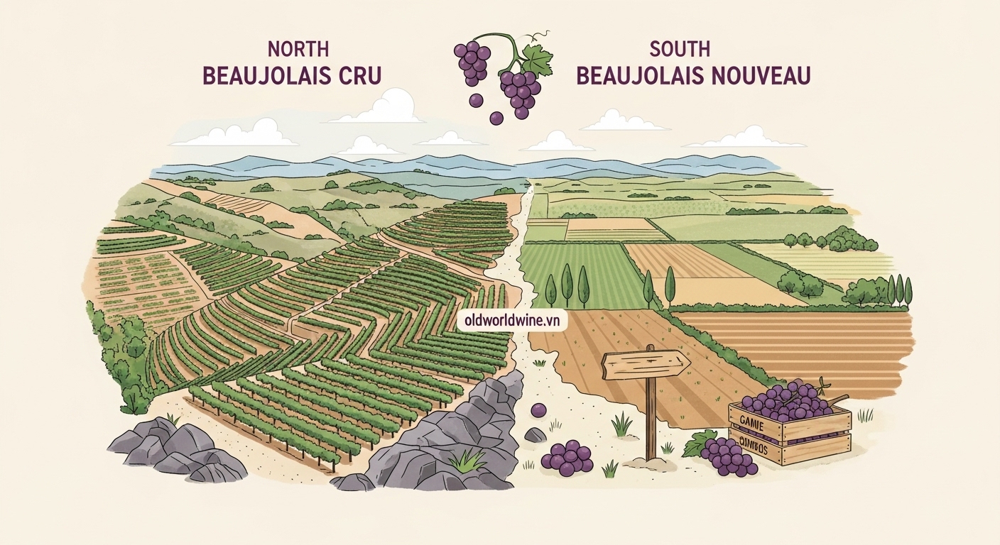 Minh họa vùng Beaujolais với địa hình và thổ nhưỡng phân hóa giữa phía Bắc và phía Nam