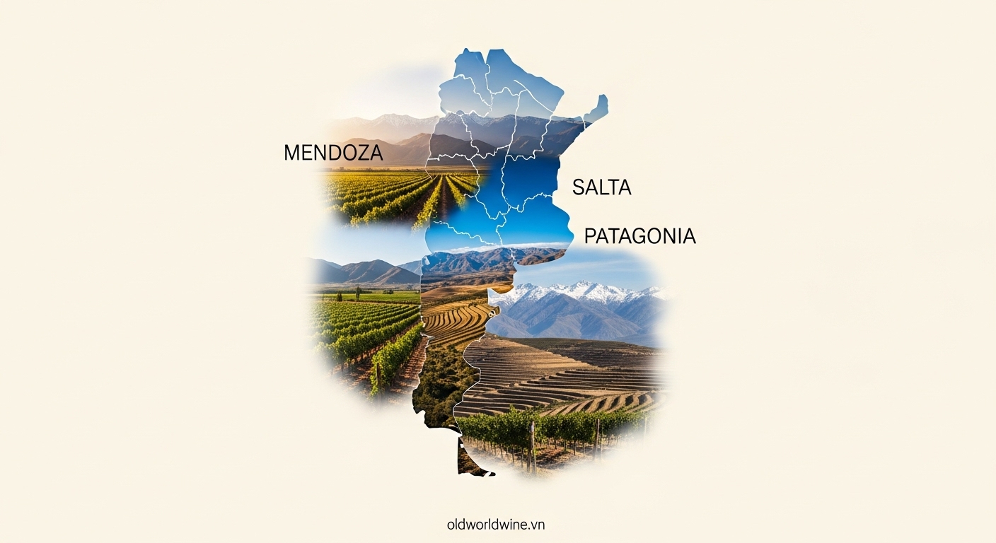 Bản đồ các vùng rượu vang nổi tiếng Argentina – Mendoza, Salta, Patagonia – phong cảnh vườn nho và dãy Andes