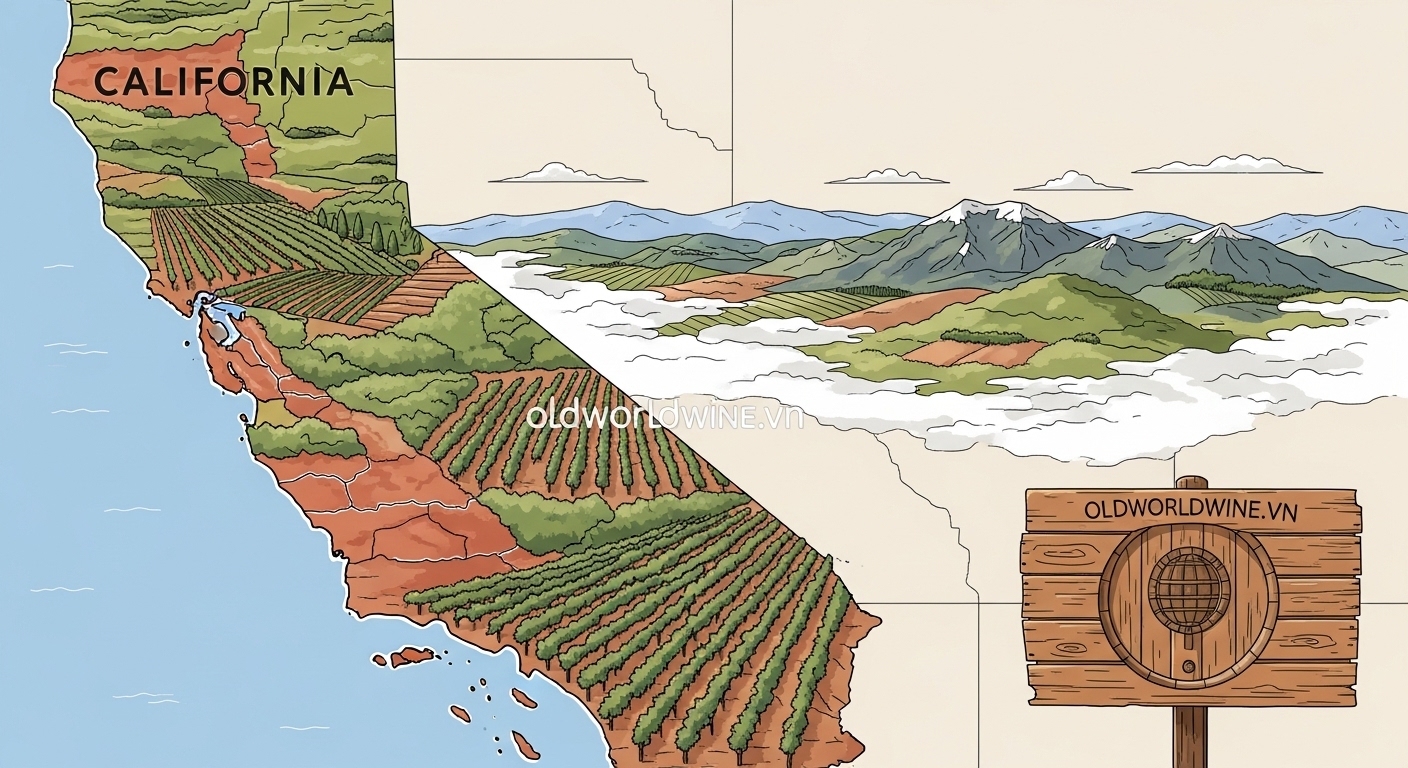 Bản đồ minh họa các vùng rượu vang California với đa dạng khí hậu và thổ nhưỡng, từ bờ biển Thái Bình Dương đến vùng đồi núi Sierra Nevada.