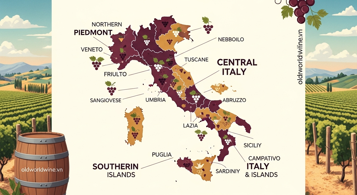 Bản đồ minh họa các vùng rượu vang chính của Ý – Piedmont, Tuscany, Sicily và các đảo – oldworldwine.vn