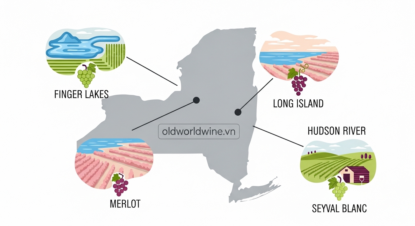 Bản đồ minh họa ba vùng rượu vang AVA chính của bang New York: Finger Lakes, Long Island và Hudson River