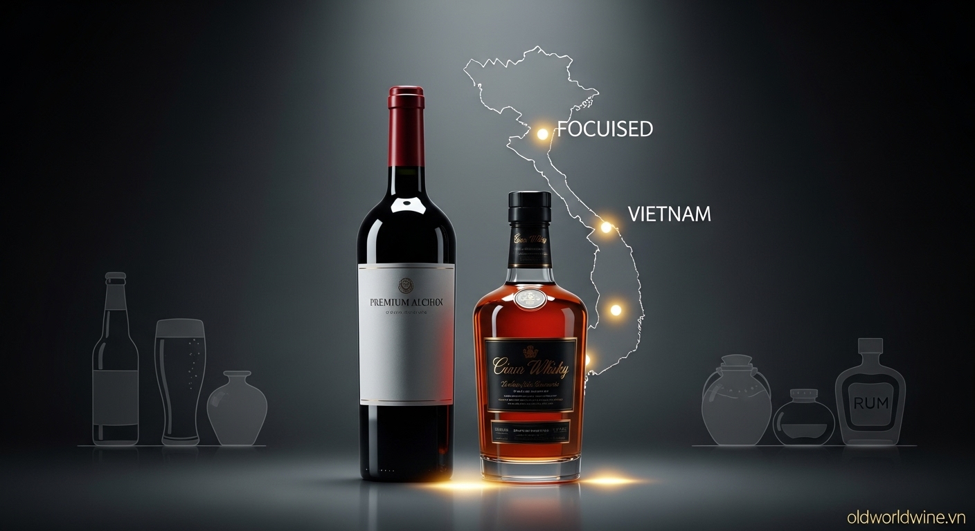 Hình minh họa phạm vi báo cáo rượu cao cấp: chai rượu vang và whisky nổi bật trên nền tối, bản đồ Việt Nam làm nền với ba thành phố lớn phát sáng và các sản phẩm phổ thông bị làm mờ nhẹ.