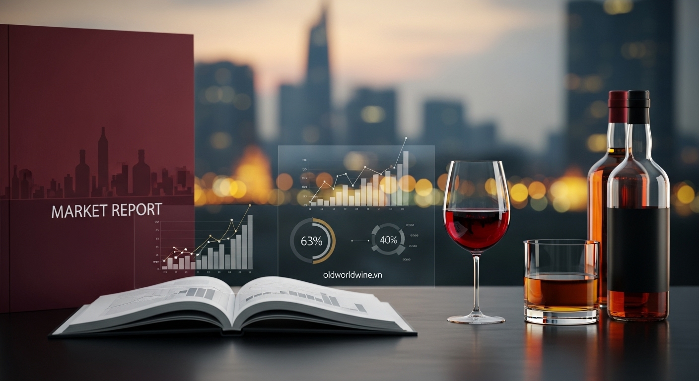 Hình ảnh chuyên nghiệp về thị trường rượu cao cấp Việt Nam: ly vang đỏ và whisky đặt cạnh báo cáo thị trường, nền là đường chân trời thành phố với ánh hoàng hôn – tượng trưng cho tăng trưởng và cơ hội.