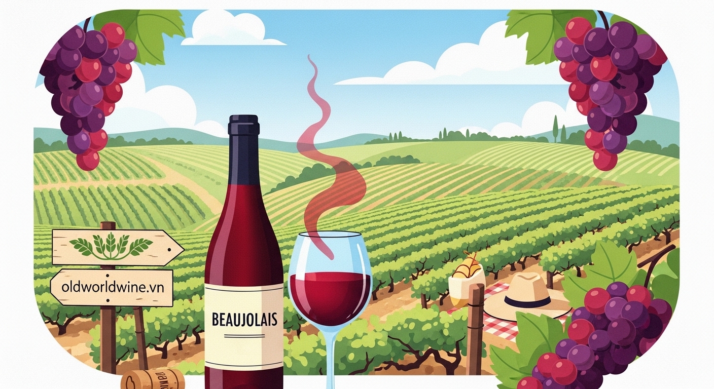 Hình minh họa vùng rượu vang Beaujolais tại Pháp với vườn nho Gamay và phong cách rượu vang đỏ tươi trẻ, sống động