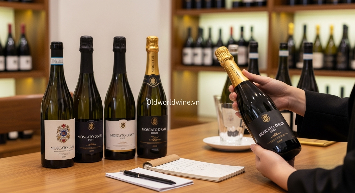 Người tiêu dùng đang đọc nhãn chai rượu vang Moscato d’Asti trong cửa hàng, cân nhắc lựa chọn theo thương hiệu và mục đích sử dụng