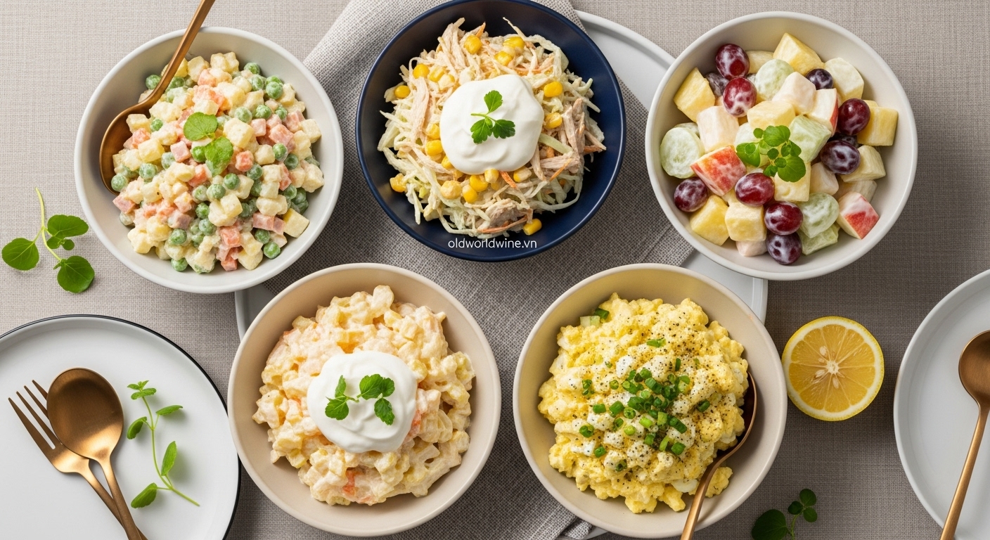 Bốn loại salad mayonnaise đa dạng gồm salad Nga, salad gà bắp cải, salad trái cây và salad trứng