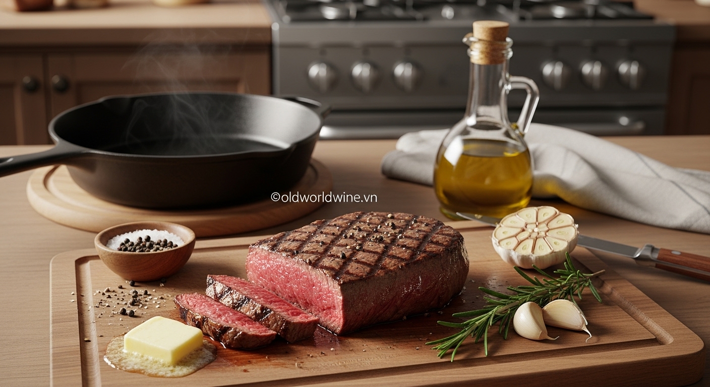 Bò bít tết áp chảo kiểu Âu chín vừa, trình bày đẹp mắt với bơ, tỏi và thảo mộc