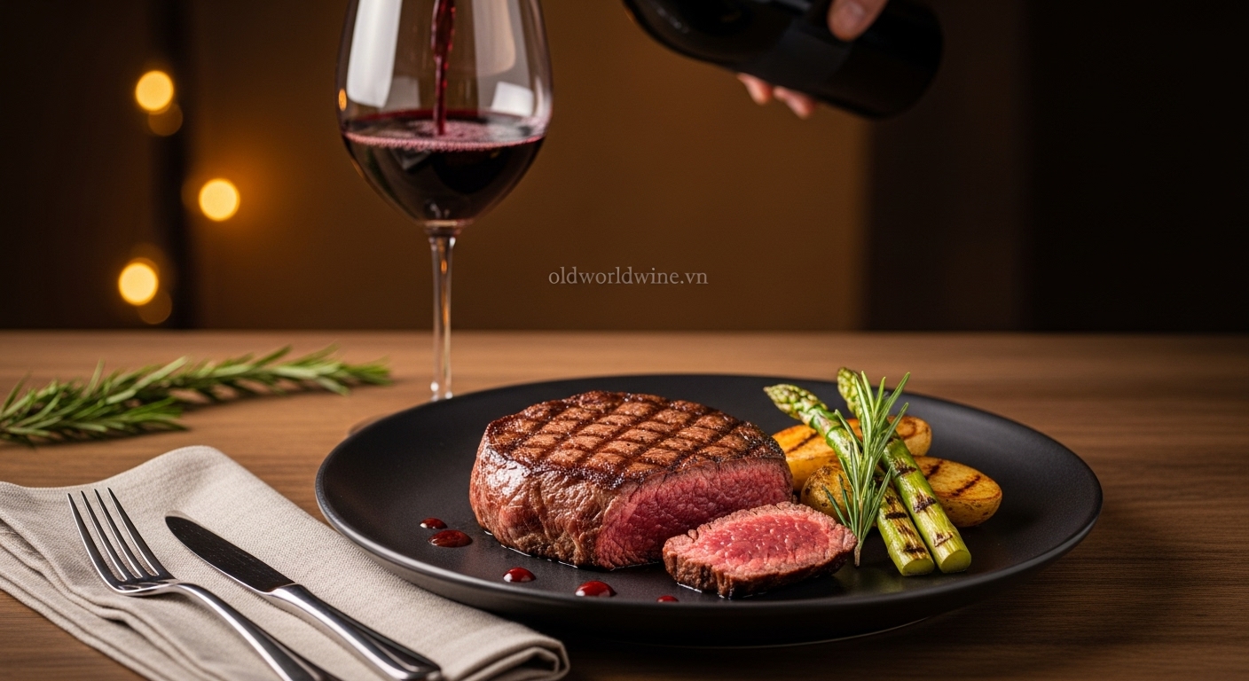 Bò bít tết nướng chảo kiểu Âu ăn kèm rượu vang đỏ, trình bày đẹp mắt trên bàn tiệc sang trọng