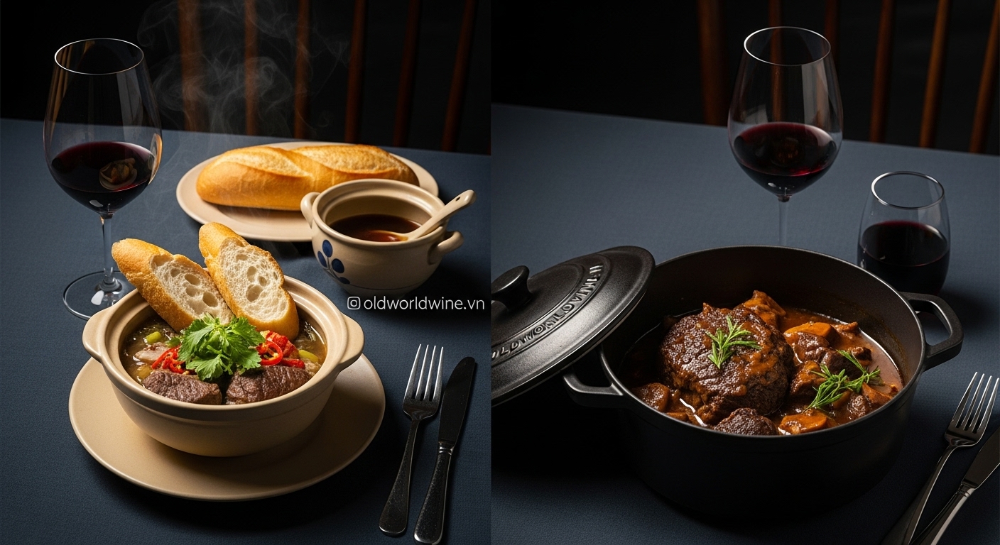 Bò kho Việt Nam và Boeuf Bourguignon kiểu Pháp ăn kèm rượu vang đỏ đậm đà như Amarone và Pinot Noir.